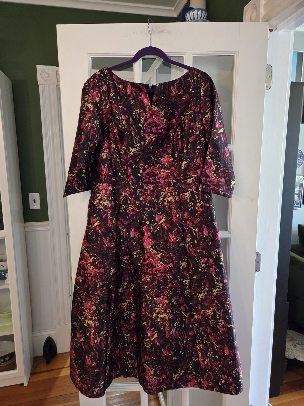 Floral Jacquard Midi Dress in Black and Fuchsia - Size 16W